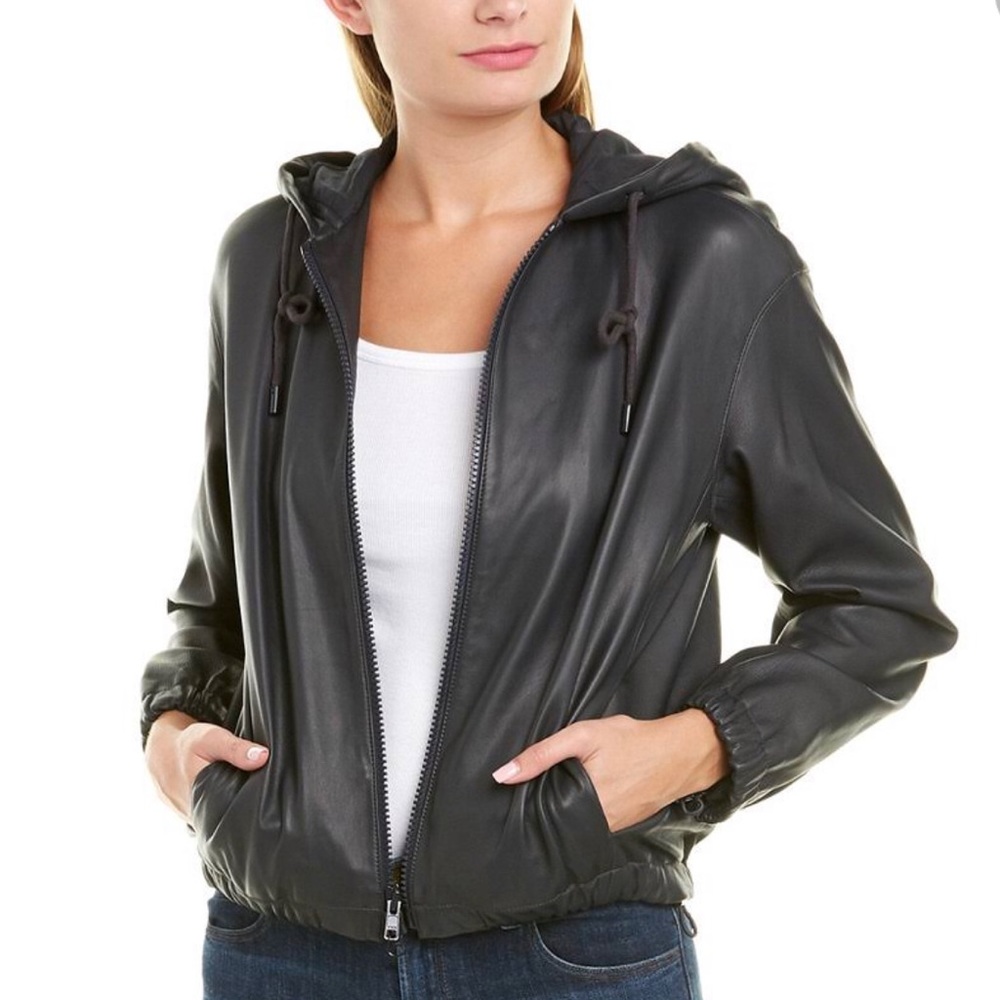 Vince Womens Leather Zip Hoodie size L